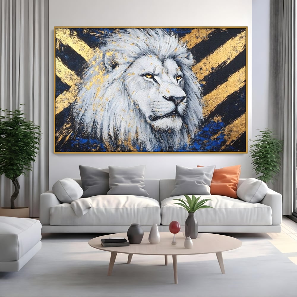 Tablou canvas cu tablou canvas cu leu alb si accente aurii, in rama de aluminiu auriu, pe perete intr-un living